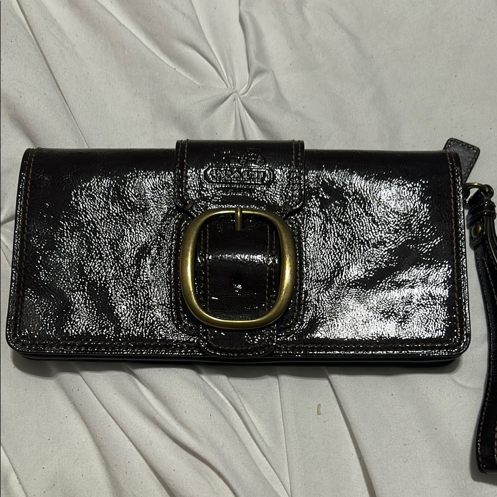 Coach Brown and Gold Patent Leather Wristlet Clutch